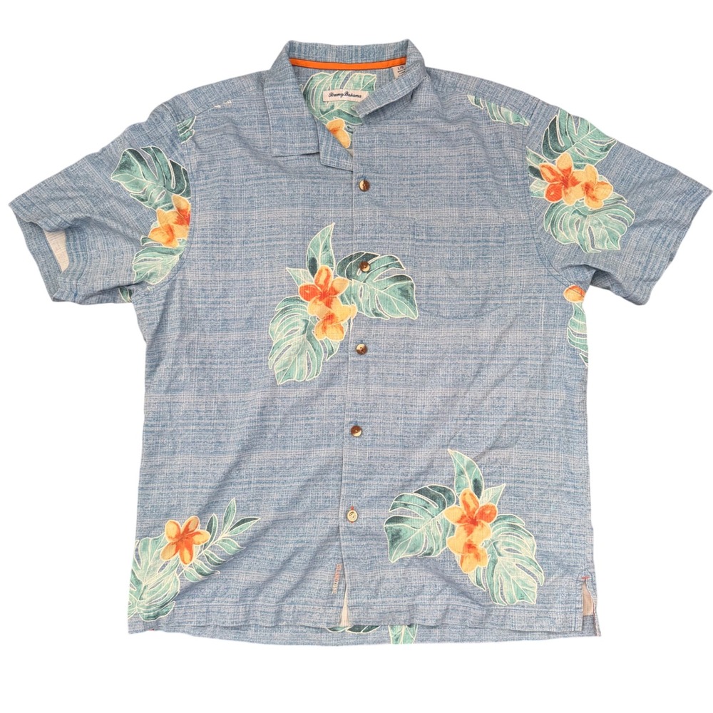 Tommy Bahama IslandZone Silk Shirt Mens L Blue Floral Monstera Leaf Button Up - Picture 2 of 9